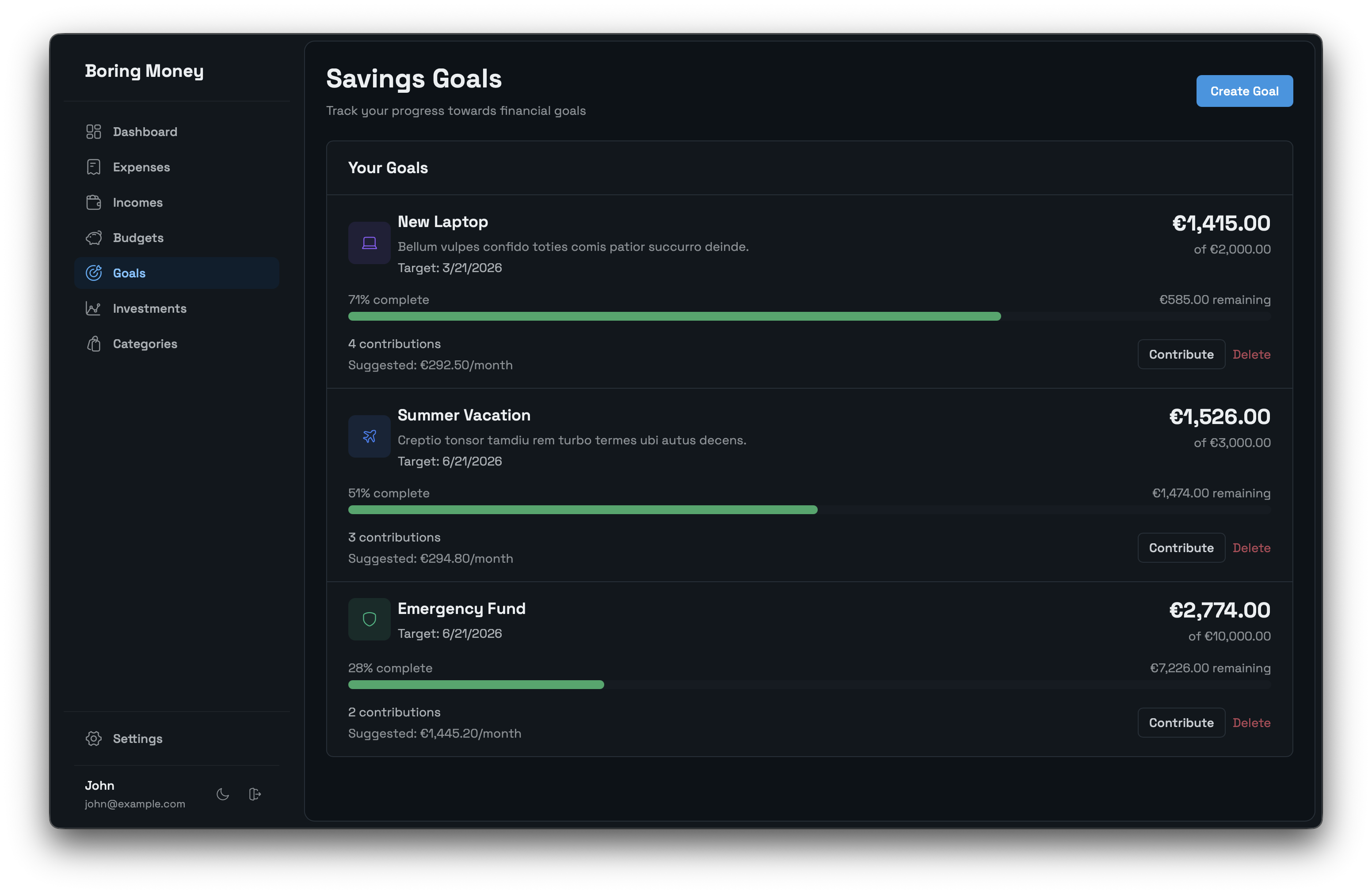Savings goals interface showing progress bars for vacation fund, emergency fund, and other financial objectives with target amounts