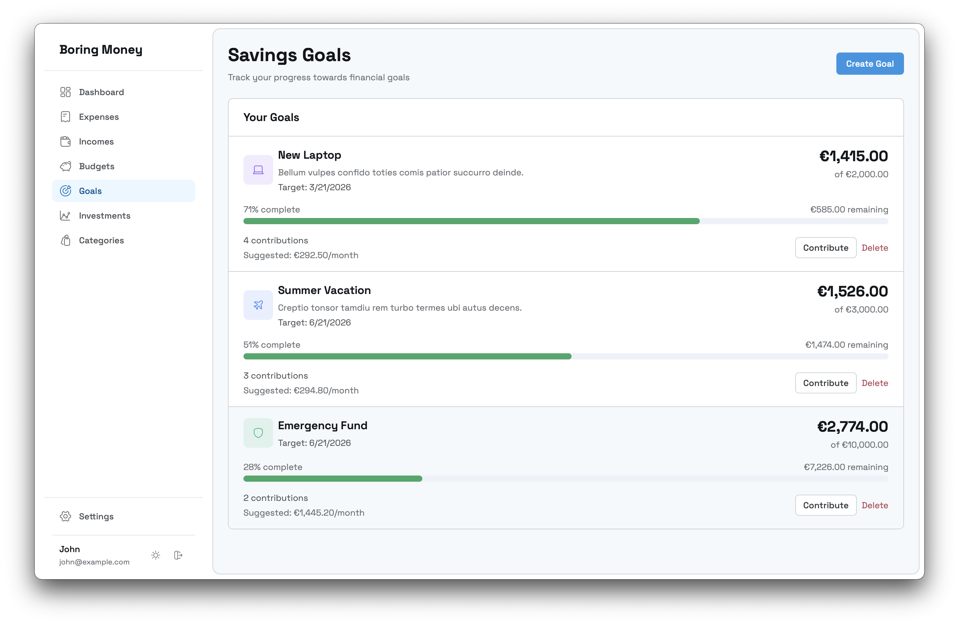 Savings goals interface showing progress bars for vacation fund, emergency fund, and other financial objectives with target amounts