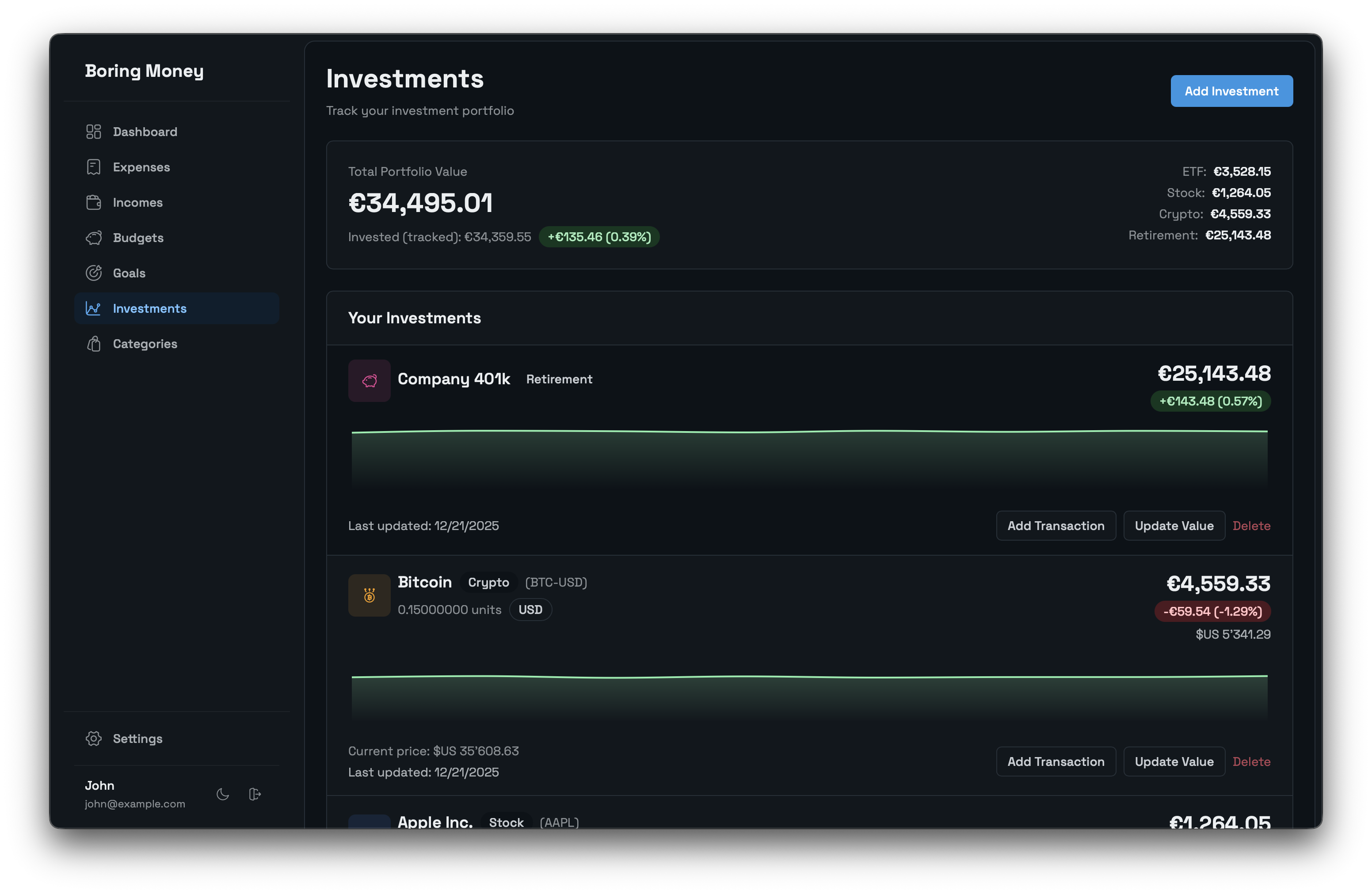 Investment portfolio view displaying stocks, ETFs, and crypto holdings with current values, gains, and asset allocation chart